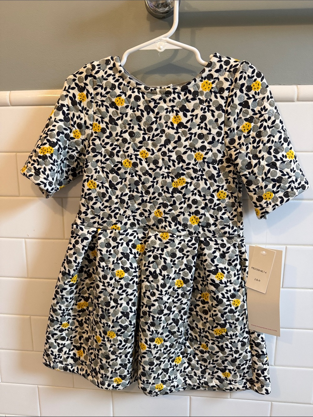 NWT: Girls Floral Fit-and-Flare Dress with Yellow, gray and dark navy size 4